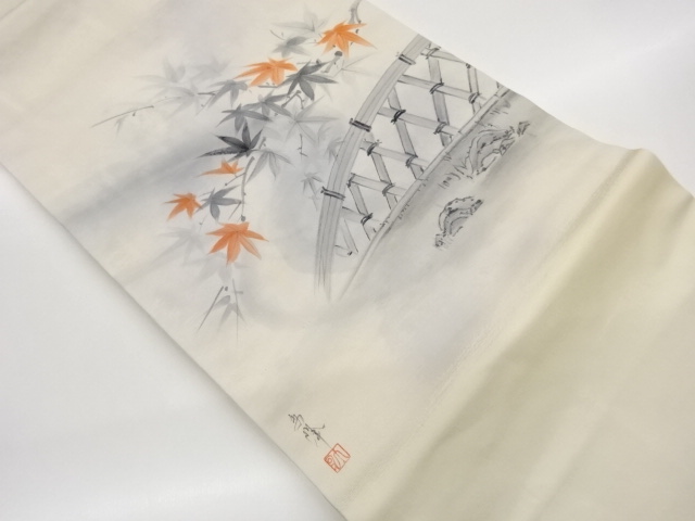 JAPANESE NAGOYA OBI / HAND PAINTED / MAPLE LEAVES / ARTIST WORK